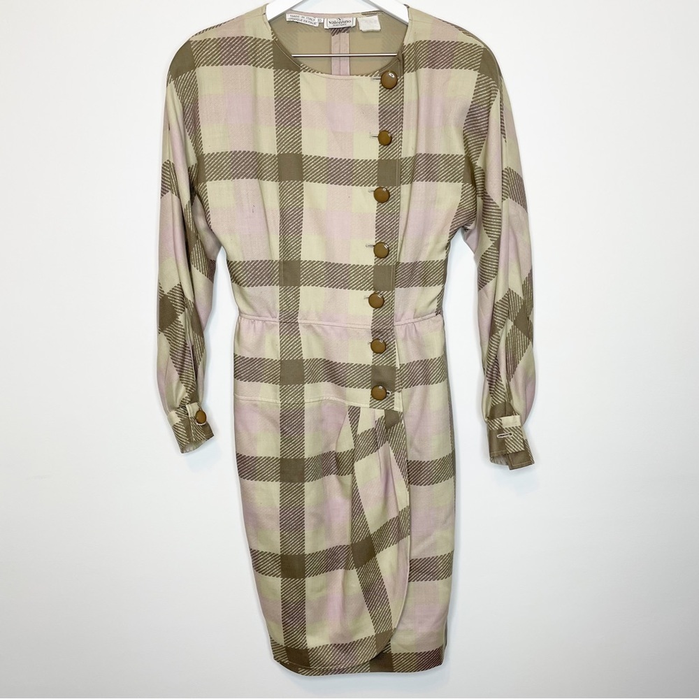 Valentino Boutique Dress Vintage Plaid Button Long Sleeve Tan Pink Made in Italy - Picture 2 of 12